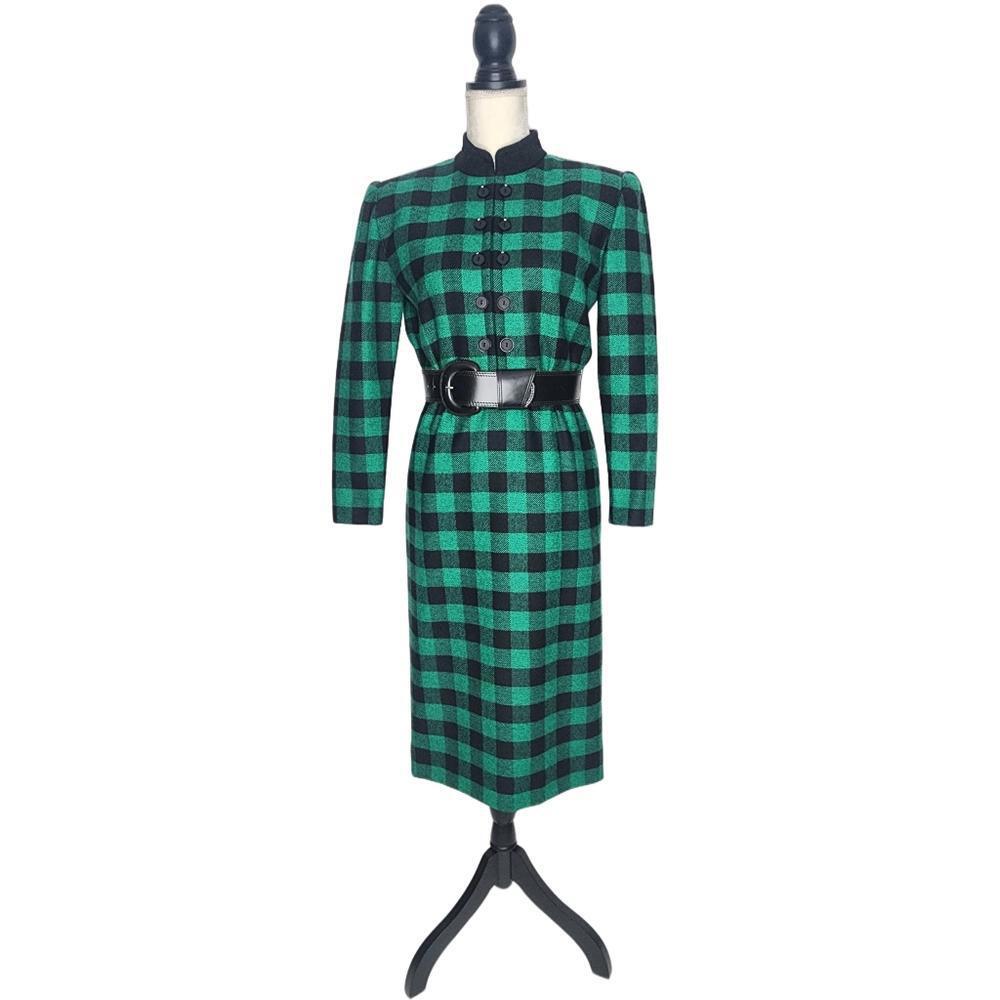 Givenchy. Vintage, Green & Black Buffalo Check Wool Long-sleeve Dress. 4/6